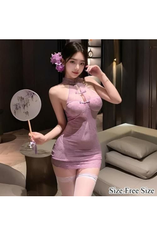 魅惑的な紫の透け感が曲線を魅せつけるチャイナ服風ベビードール ランジェリー エロ