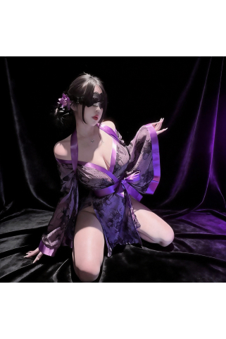 和風コスプレ 艶やかに透ける紫の花魁風浴衣ランジェリー レース目隠し付き 着物コスプレ