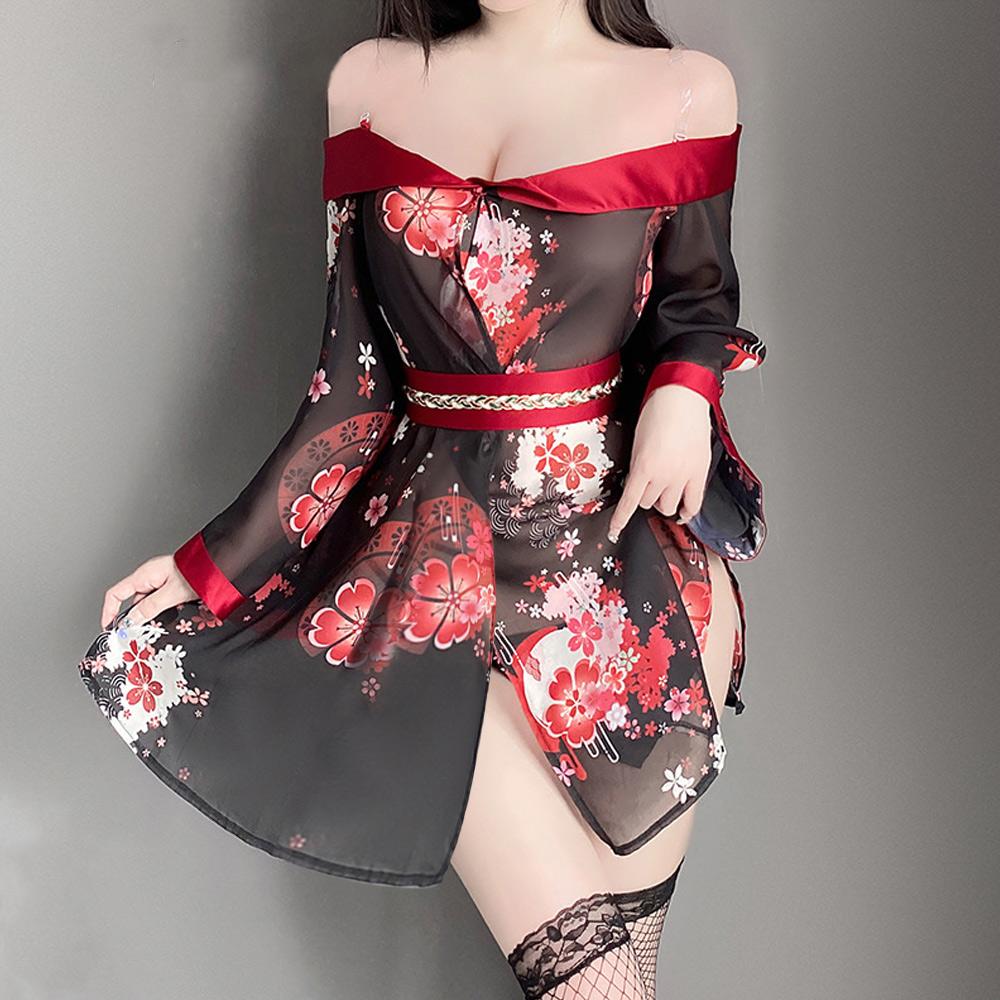 日本の芸者コスチューム 透け感のある花柄コスプレランジェリードレス