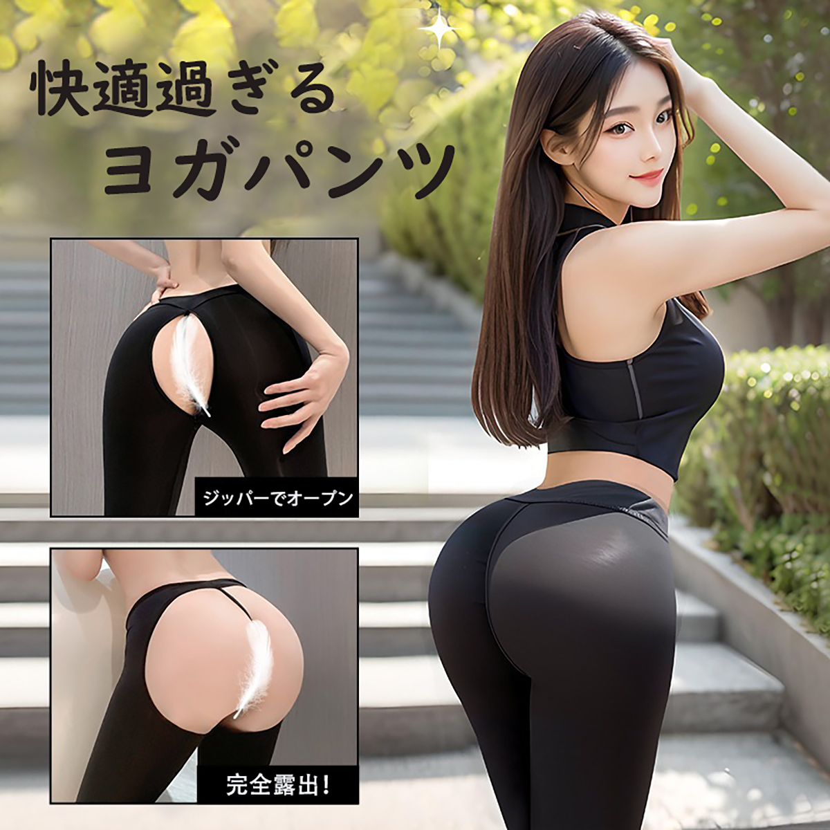 ノースリーブレオタード ダブルジッパーでオープンクロッチのエッチなヨガパンツ ブラック