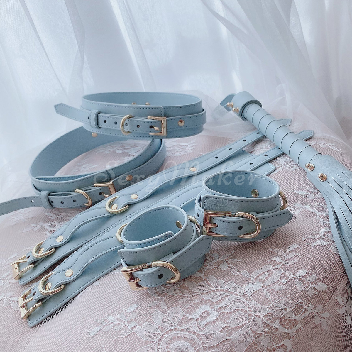セクシーBDSM拘束具 無邪気で爽やかなパステルブルーSM拘束具7点セット