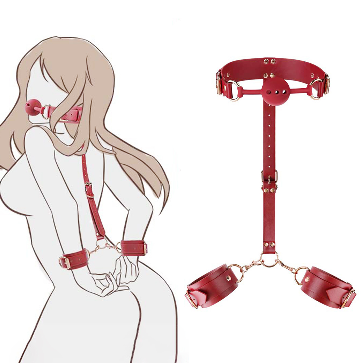 セクシーBDSMボディ 快感を引き出す衣装 手と口を同時に封じ込める禁断の口枷付きの背中手枷 赤/黒