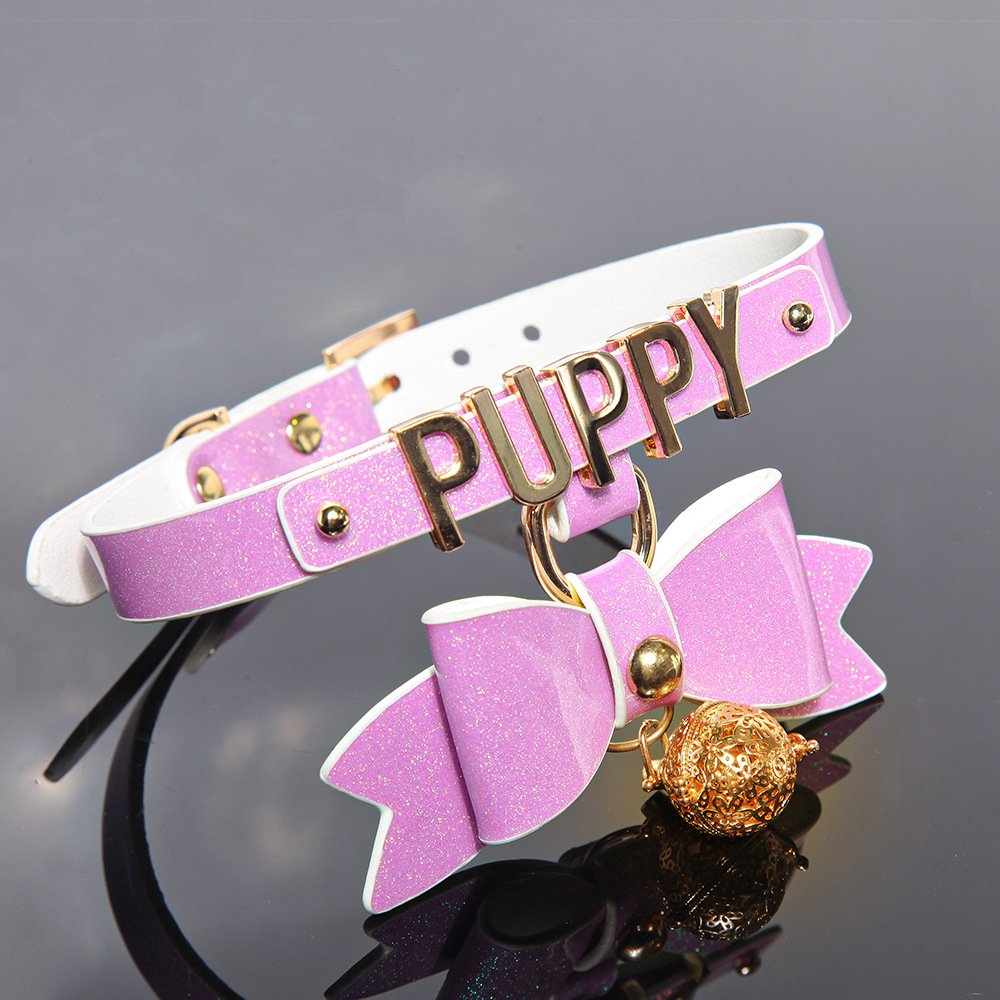 ピンクエロ首輪 超カワイイリボンと光る鈴が付いたPUPPYのSM拘束首輪 リード付き