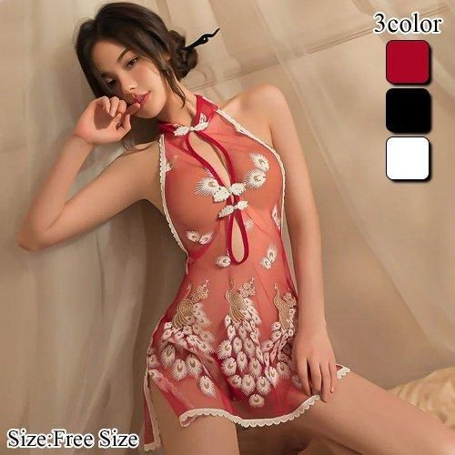 孔雀の羽が舞うチャイナ服風ベビードール セクシー パンツ アダルト 下着