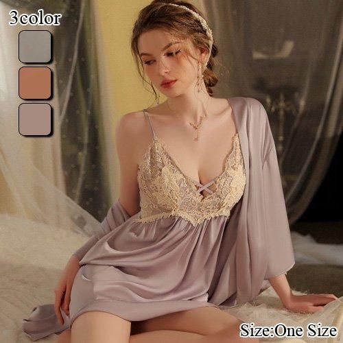 くすみカラーが美しく上品なガウンセットベビードール セクシー ランジェリー 画像