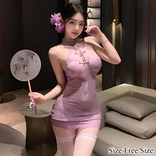 魅惑的な紫の透け感が曲線を魅せつけるチャイナ服風ベビードール ランジェリー エロ