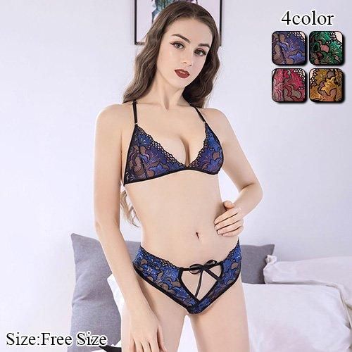 ビビッドなカラーを配色しストリング使いが妖艶なブラ・ショーツセット セクシー エロ 下着