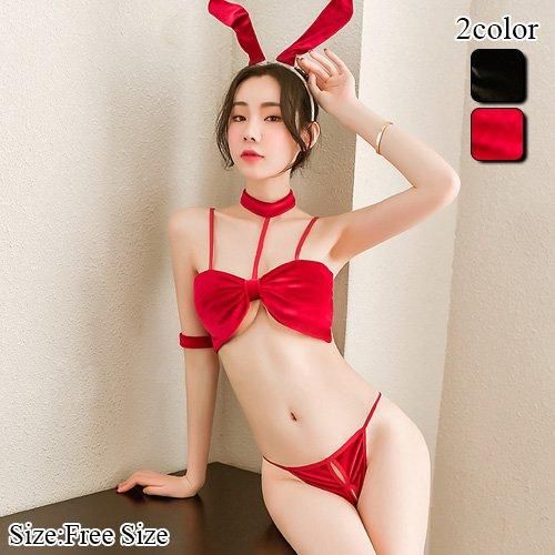 リボンとパールがポイントのバニーガール風ブラ・ショーツセット セクシー下着通販