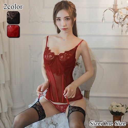 レースとメッシュ生地からの透け感が大人の余裕を感じさせるガーターランジェリー エロ コスプレベビードール