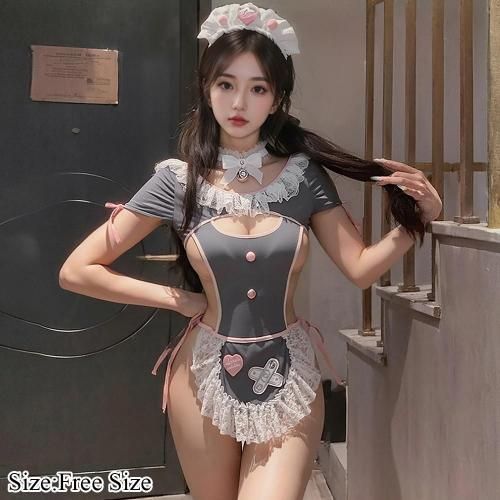 胸元のカットアウトからこぼれそうなバストが刺激的なメイド風コスプレ ランジェリー ショップ