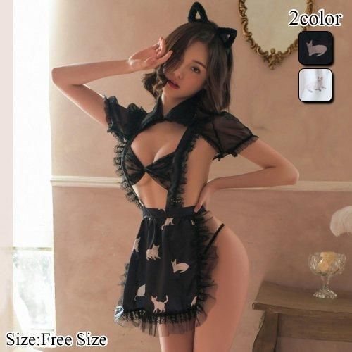 胸元とヒップの開きが目を惹くキュートな猫柄がポイントのメイドさん風コスプレ ランジェリー エロ　セクシー下着