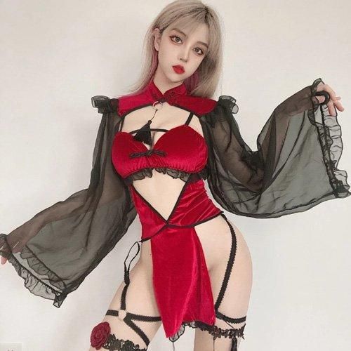 素肌を絶妙に曝け出したフェロモンを放つチャイナドレス風コスプレ エロ下着 セクシーランジェリー