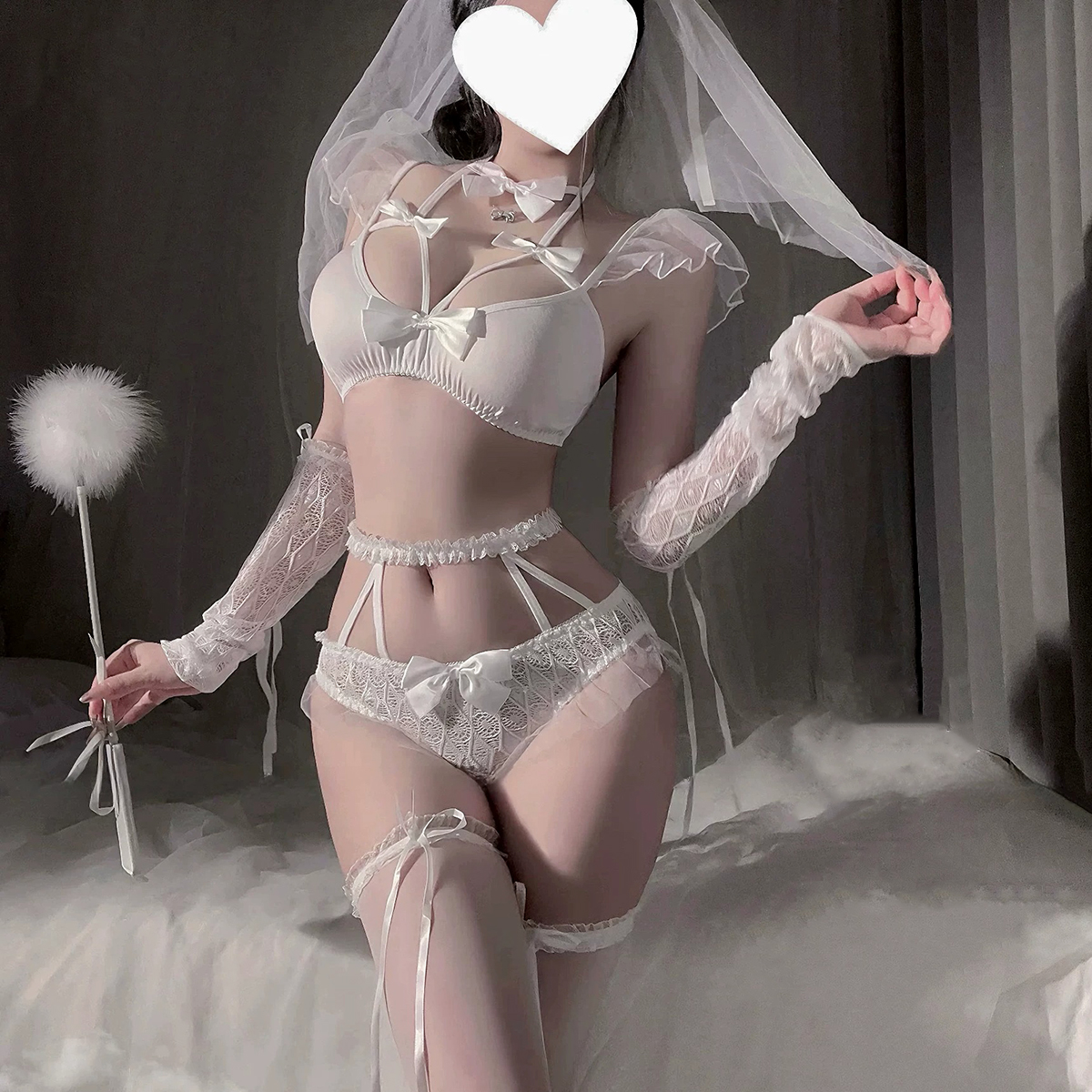 ランジェリーコスプレ セクシー衣装 透け感レース花嫁風ウエディングコスプレ6点セット 白/黒